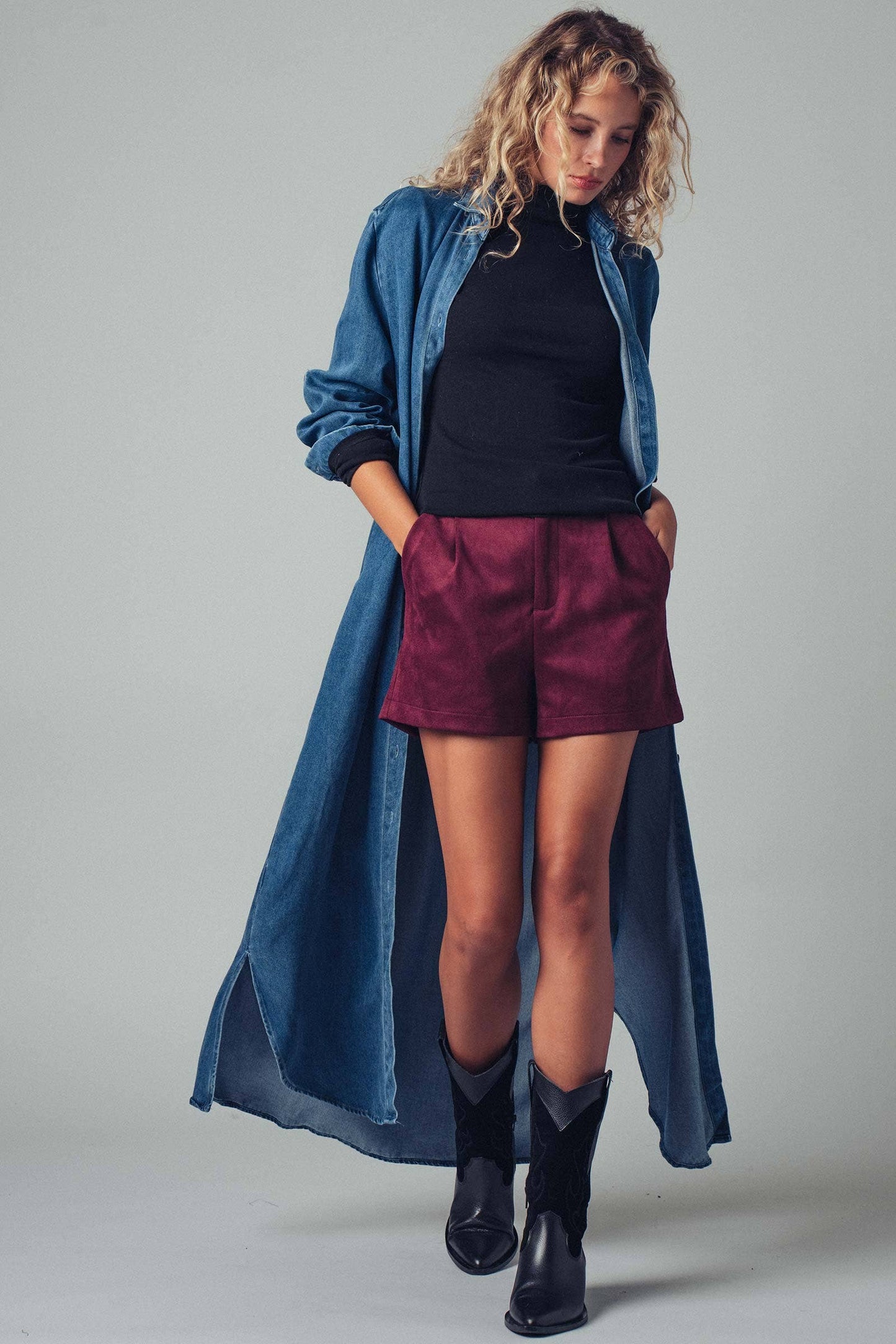 Relaxed Button-Down Western Denim Midi Dress