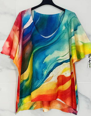 2119 Rainbow V-Neck Knit Printed Short Sleeves Sweater