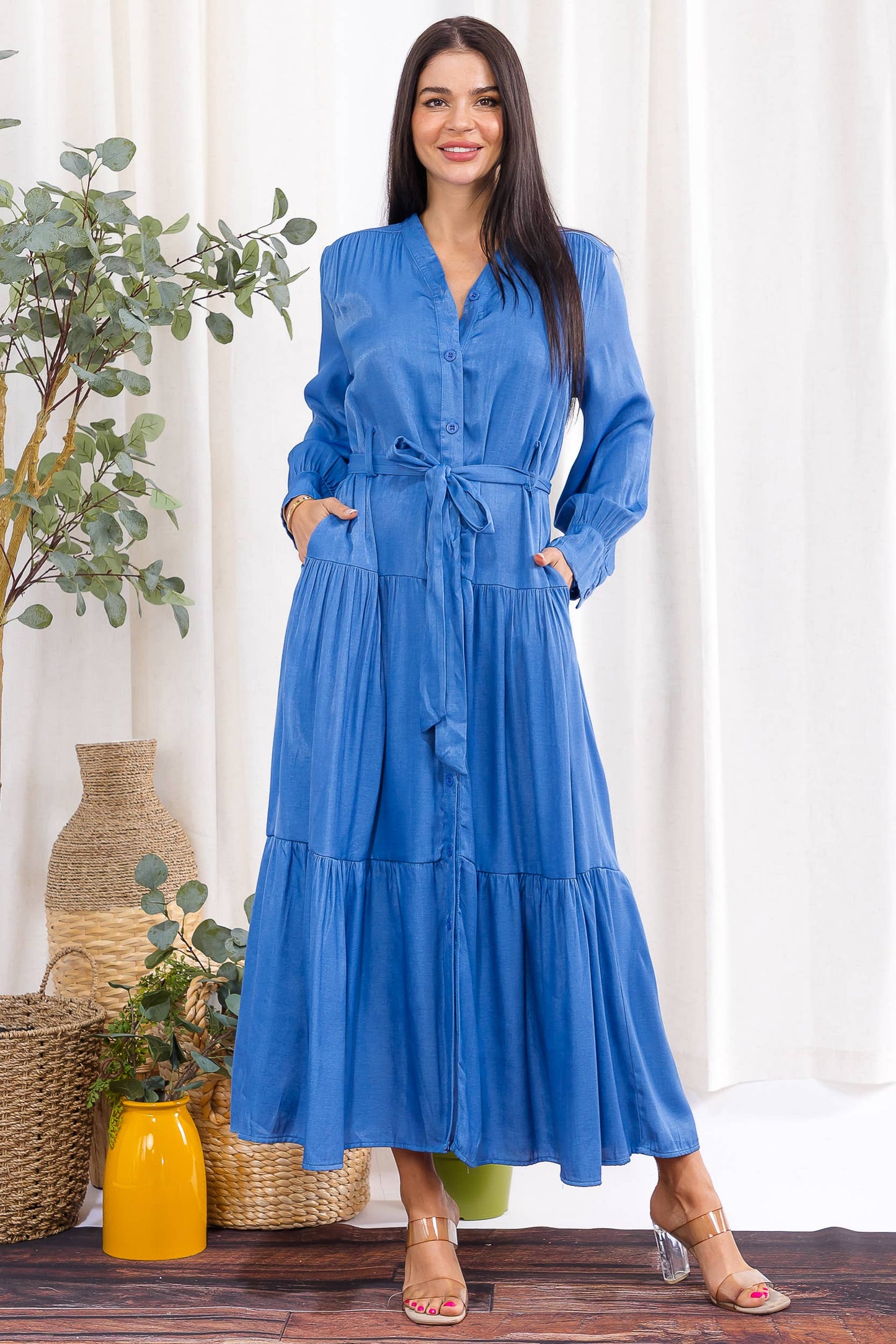 H007X-S Plus Size Tiered Button-Down Maxi Dress
