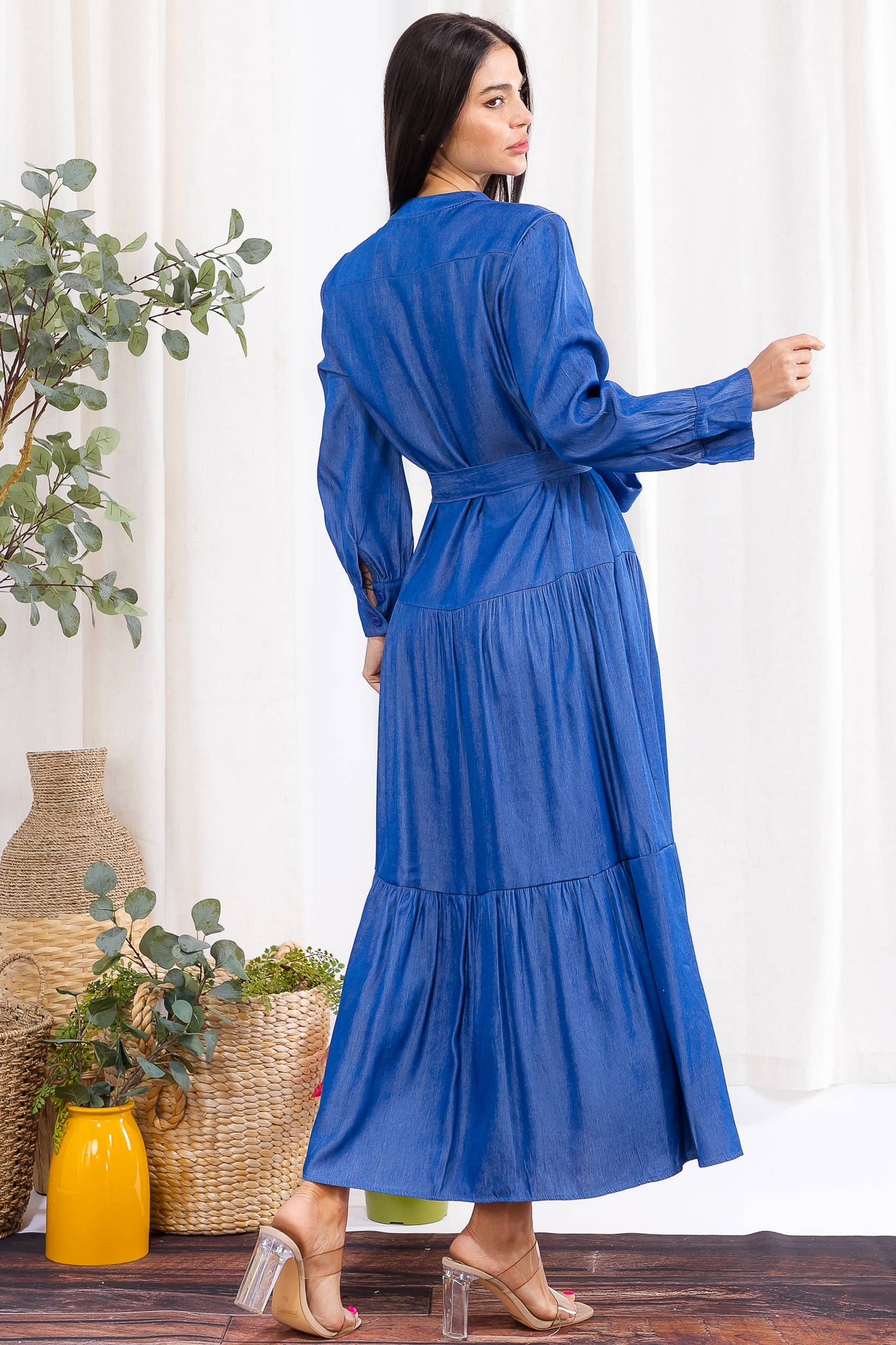 H007R-S Tiered Button-Down Maxi Dress