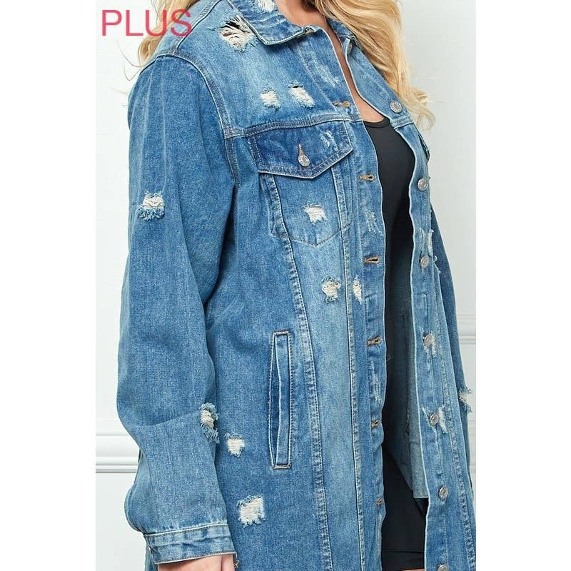 Plus Size Distressed Long Denim Jacket