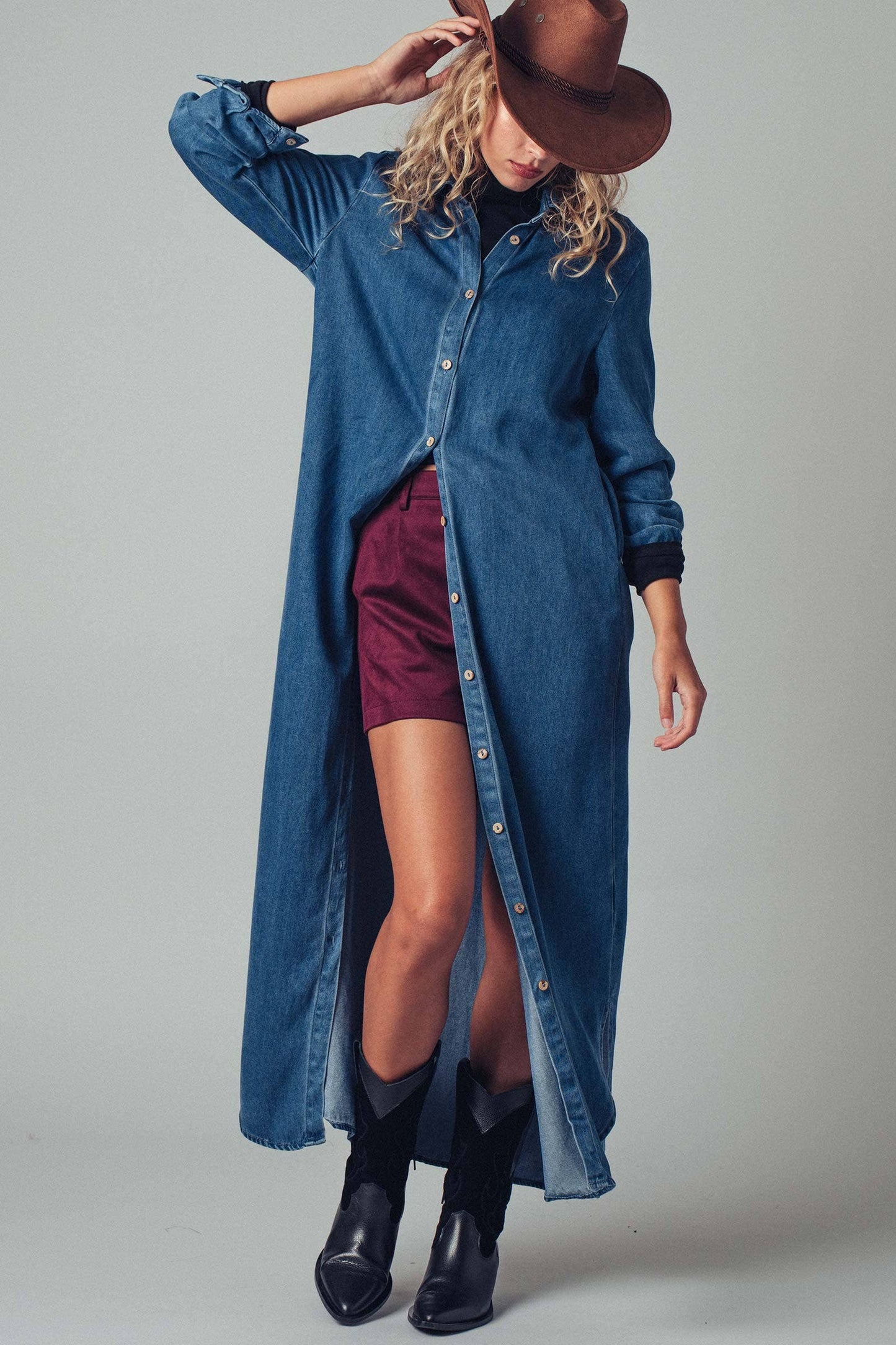 Relaxed Button-Down Western Denim Midi Dress