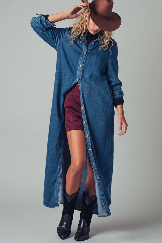Relaxed Button-Down Western Denim Midi Dress