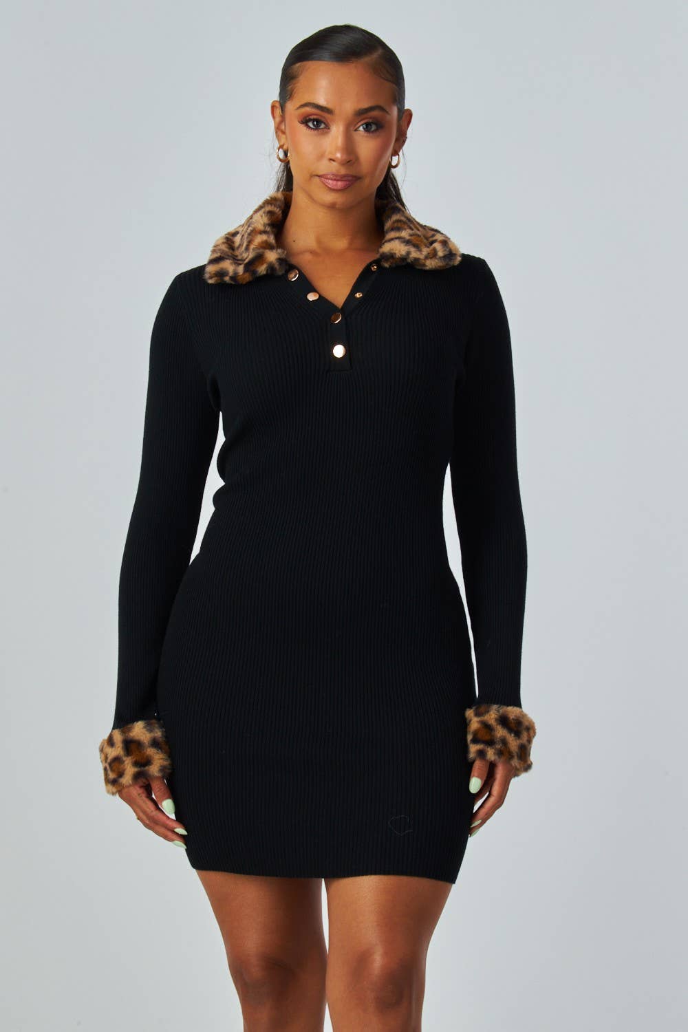 Peggy Leopard Faux Fur Trim Sweater Dress
