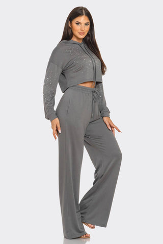 Rhinestones Cropped Hoodie Top Pants Set