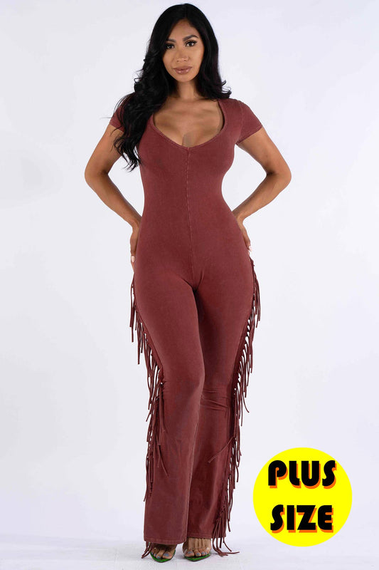MINERAL WASHED FRINGED JUMPSUIT