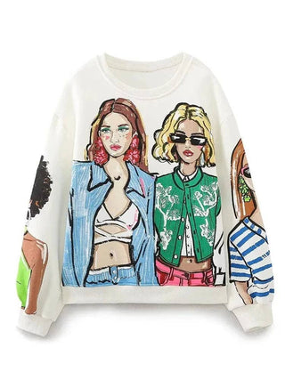 Modern Ladies Print Loose Fleece Sweatshirts