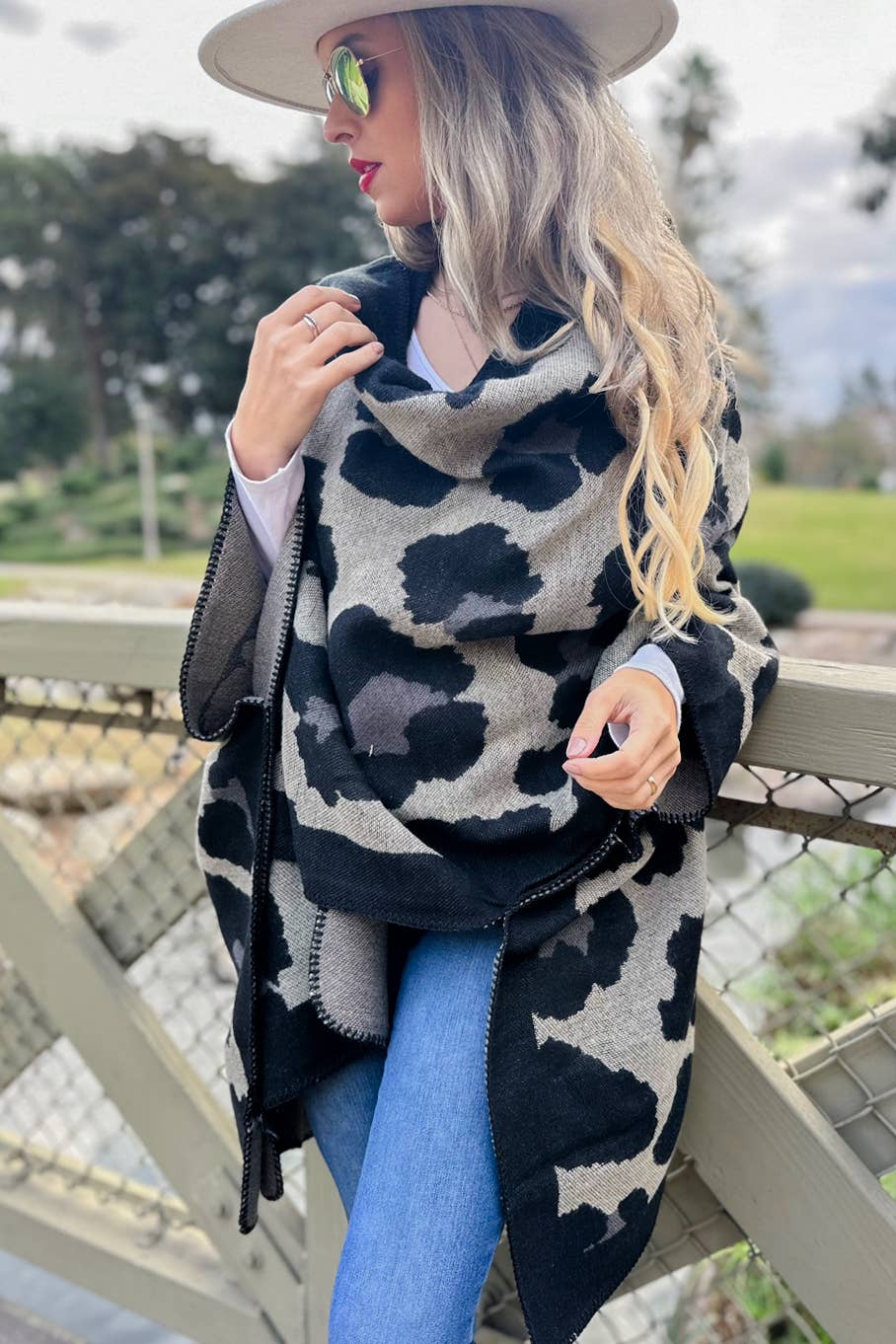 Black Leopard Printed Knitted Cozy Kimono Cardigan