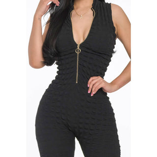 Popcorn Textured O Ring Half Zip Long Jumpsuit