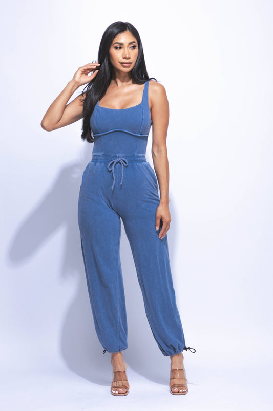 Washed jumpsuit with adjustable ankle