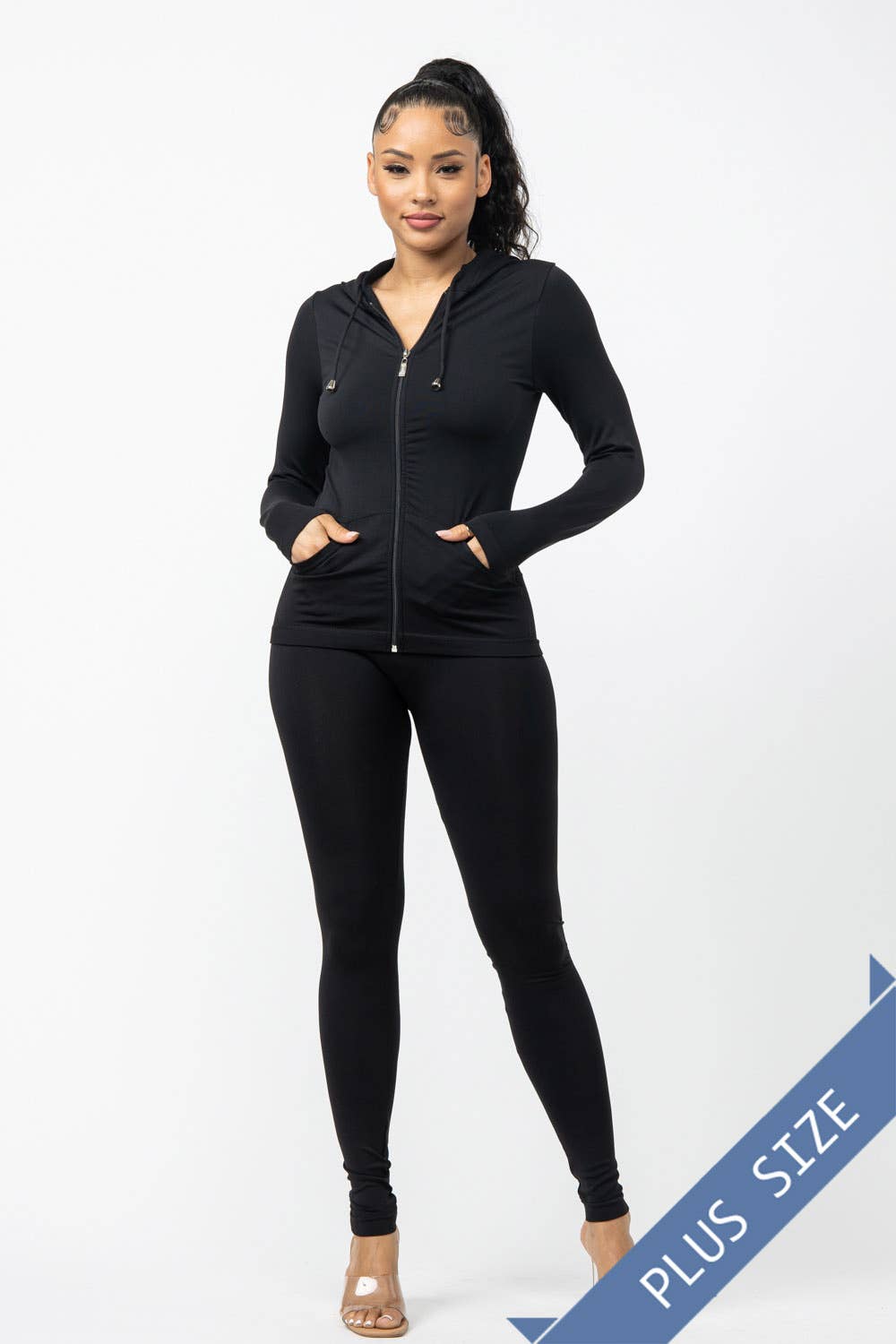 Plus Size Seamless Zip Up Hoodie And Leggings Set