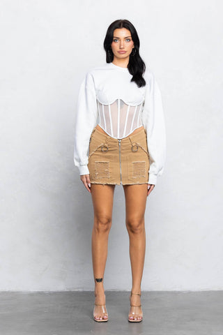 Mesh bustier boning detail fleece sweatshirt