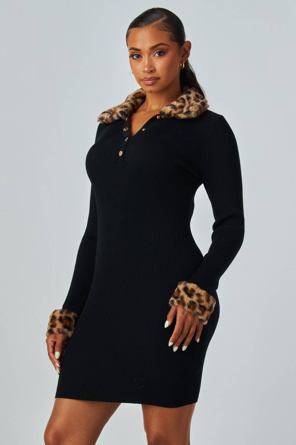Peggy Leopard Faux Fur Trim Sweater Dress
