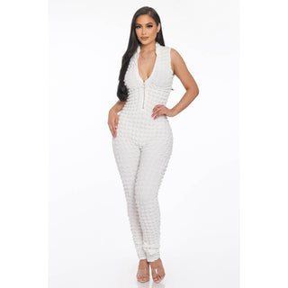 Popcorn Textured O Ring Half Zip Long Jumpsuit