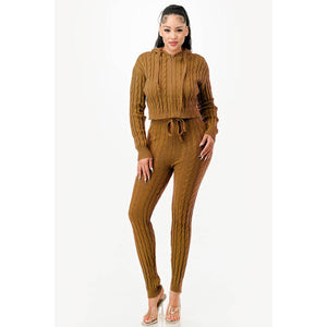 ZIP UP CABLE HOODIE SWEATER SET: ARMY GREEN / XL