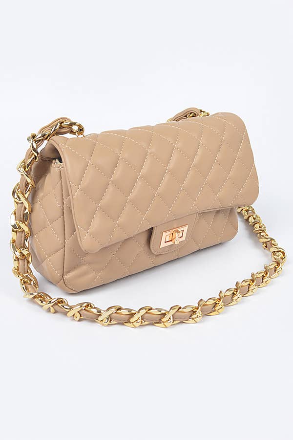 Quilted Faux Leather Shoulder Bag W/Oversized Chain