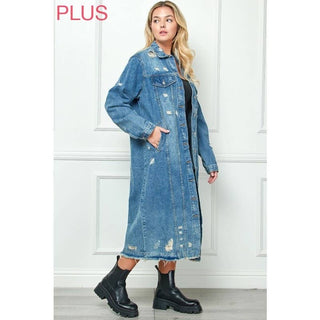 Plus Size Distressed Long Denim Jacket