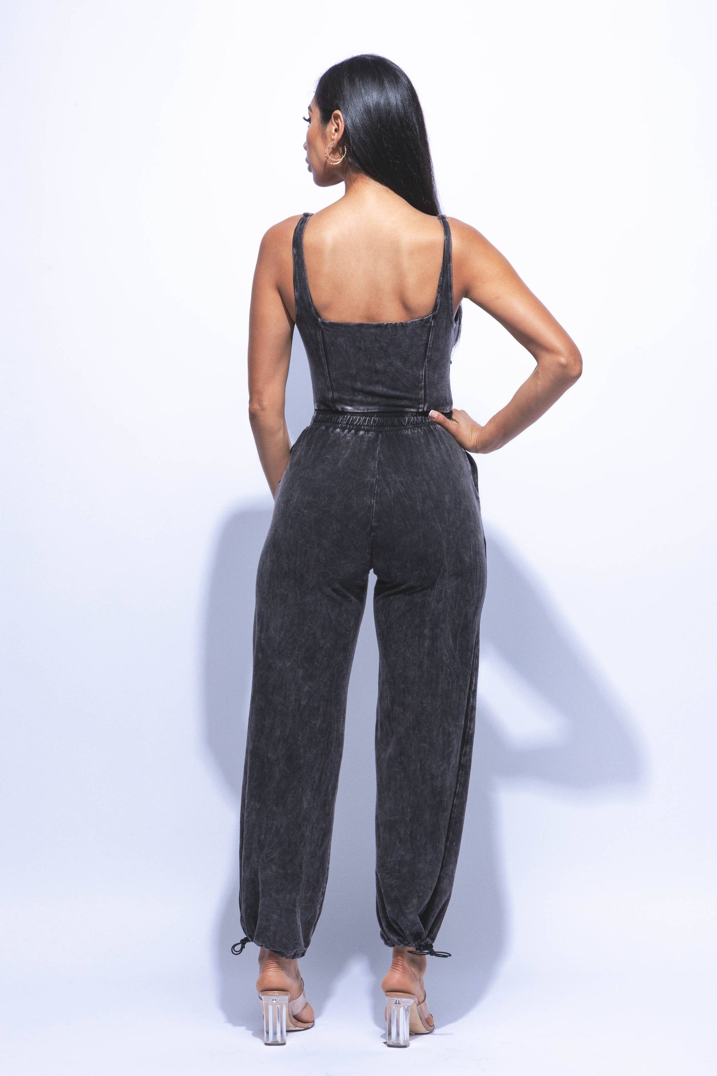 Washed jumpsuit with adjustable ankle