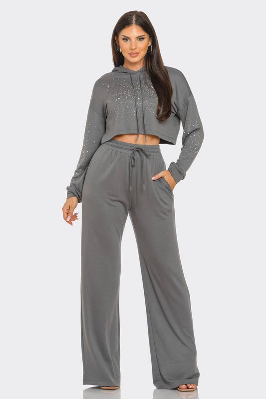 Rhinestones Cropped Hoodie Top Pants Set