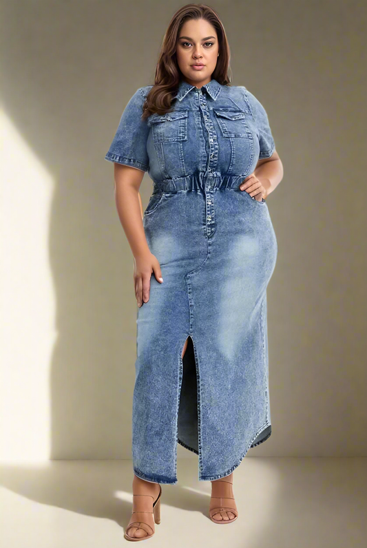 Short-sleeve denim maxi dress