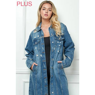 Plus Size Distressed Long Denim Jacket