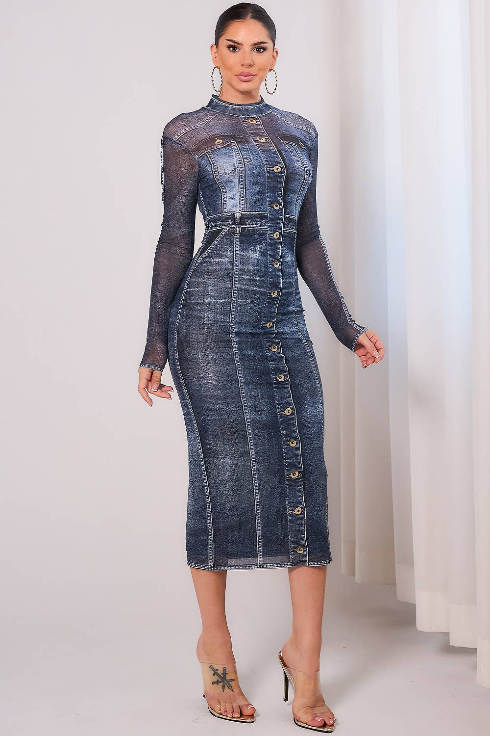 Denim Printed Midi Dress