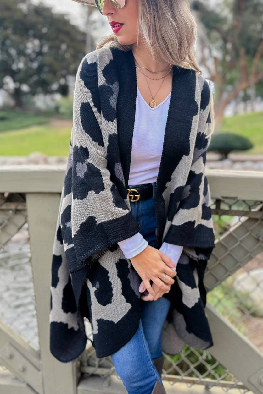 Black Leopard Printed Knitted Cozy Kimono Cardigan