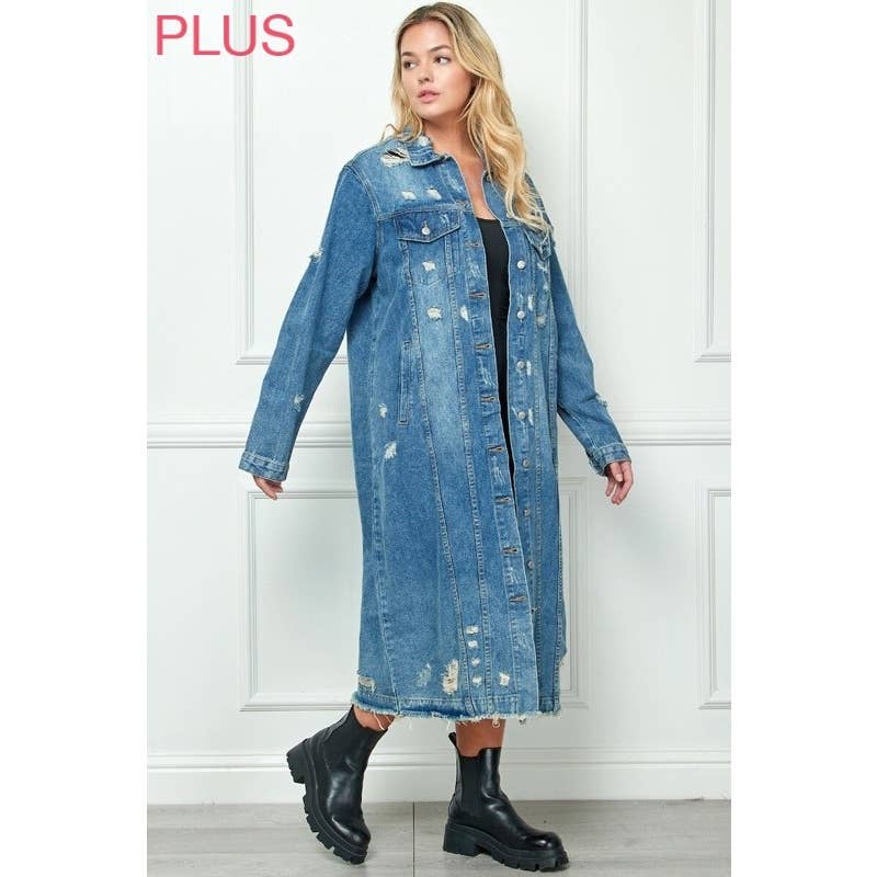 Plus Size Distressed Long Denim Jacket