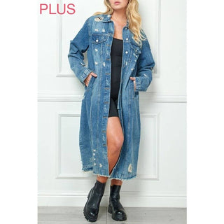 Plus Size Distressed Long Denim Jacket