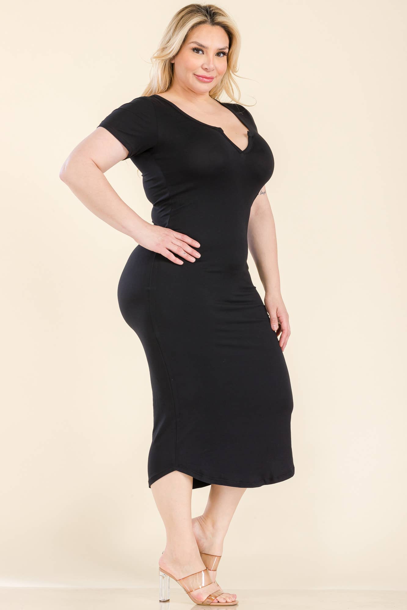 Plus Size Split Neck Bodycon Midi Dress