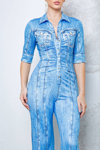 Denim effect stretch jumpsuit