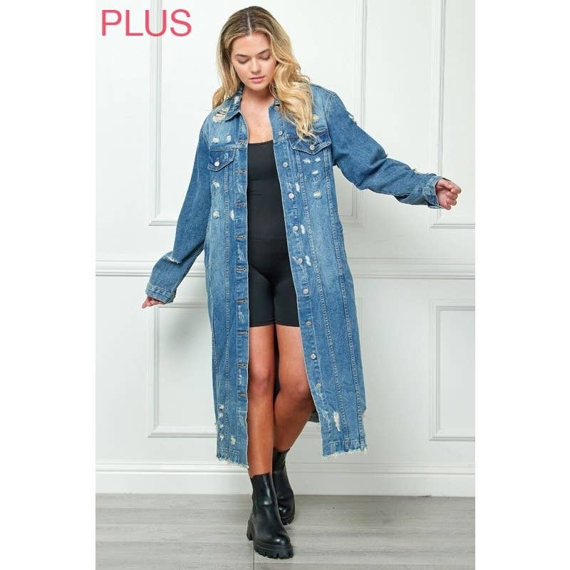 Plus Size Distressed Long Denim Jacket