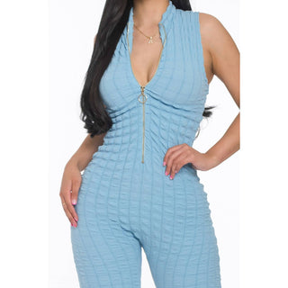 Popcorn Textured O Ring Half Zip Long Jumpsuit