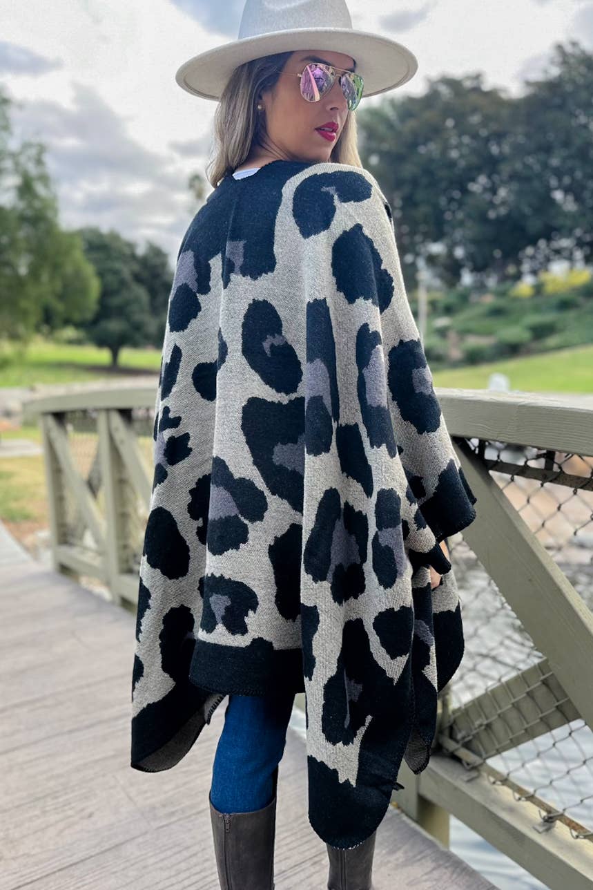 Black Leopard Printed Knitted Cozy Kimono Cardigan