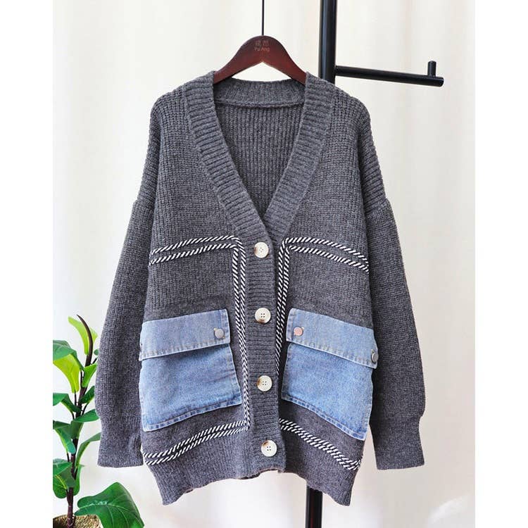 Women Cardigan Sweater Long Sleeve Denim Pockets