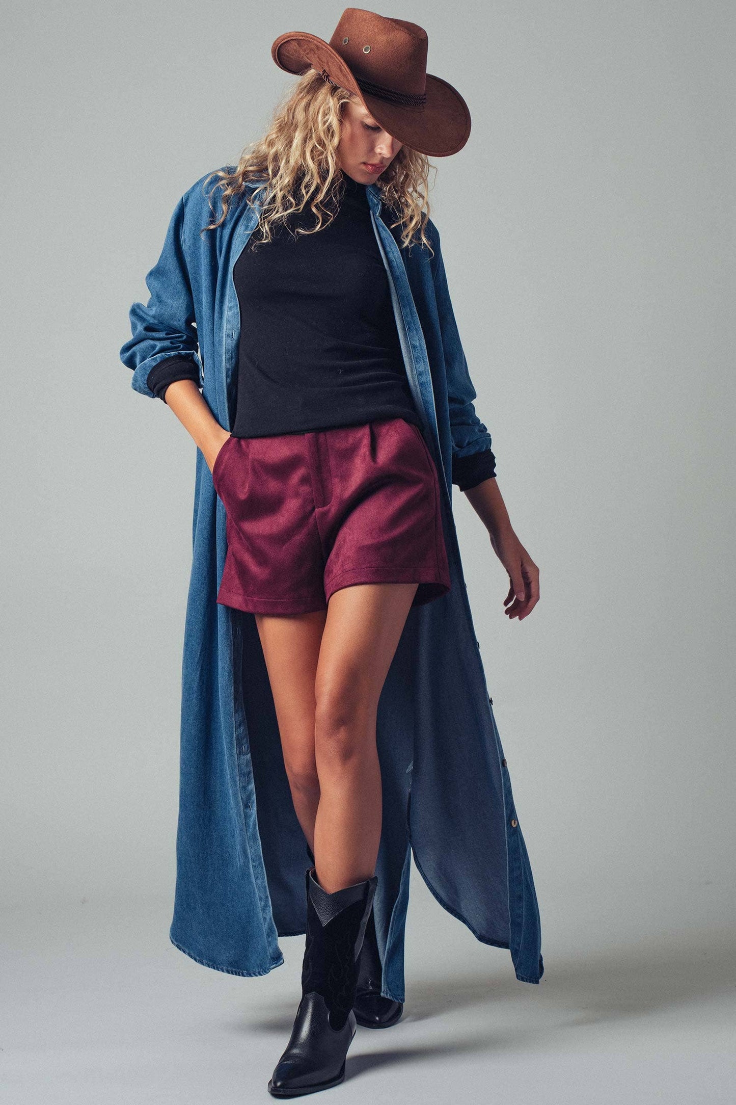 Relaxed Button-Down Western Denim Midi Dress