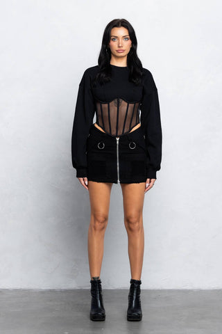 Mesh bustier boning detail fleece sweatshirt