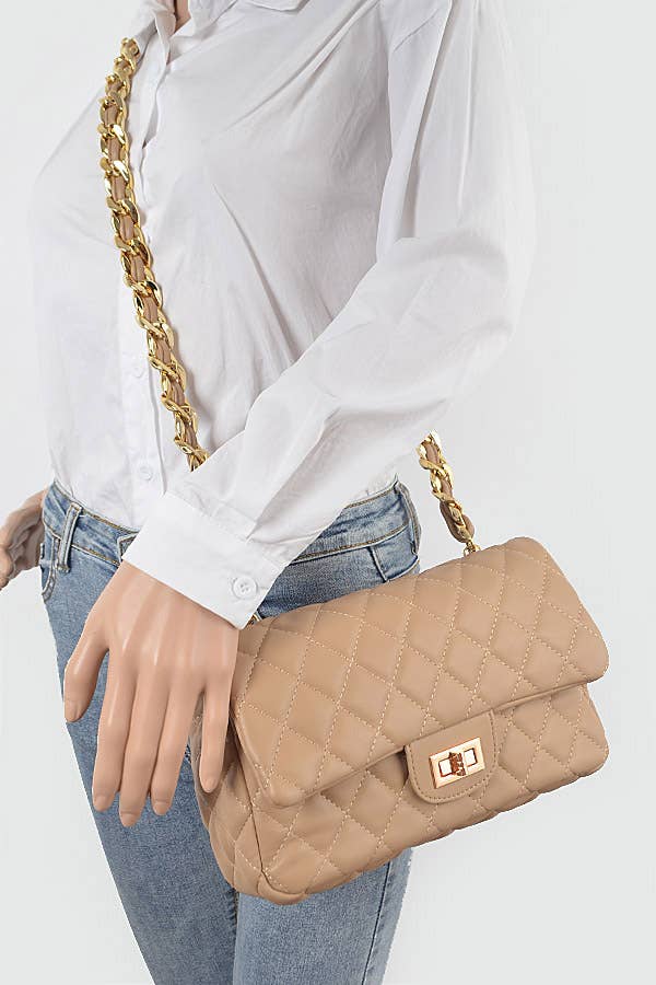 Quilted Faux Leather Shoulder Bag W/Oversized Chain