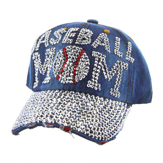 Rhinestone Studded "Baseball Mom" Denim Baseball Cap