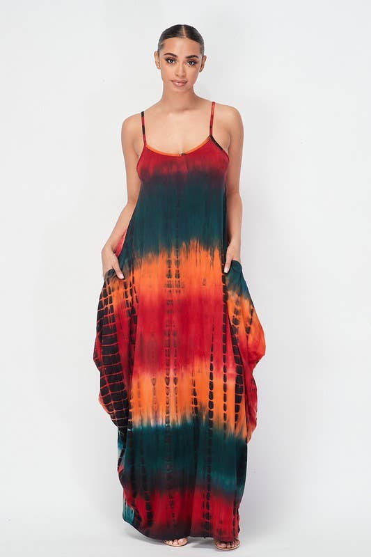 Tie Dye Print Maxi Dress With Pocket