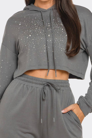 Rhinestones Cropped Hoodie Top Pants Set