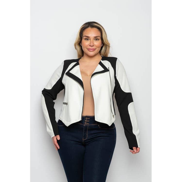 CONTRAST TRIM COLLARED ZIPPER FRONT MOTO JACKET