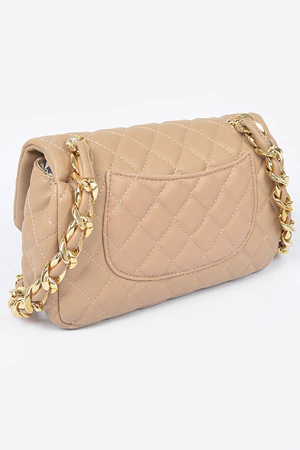 Quilted Faux Leather Shoulder Bag W/Oversized Chain