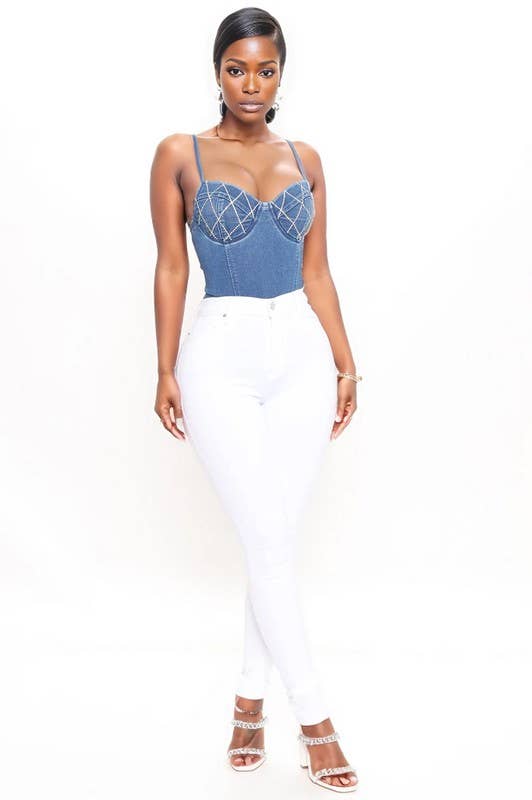 Rhinestone Detail Denim Bodysuit