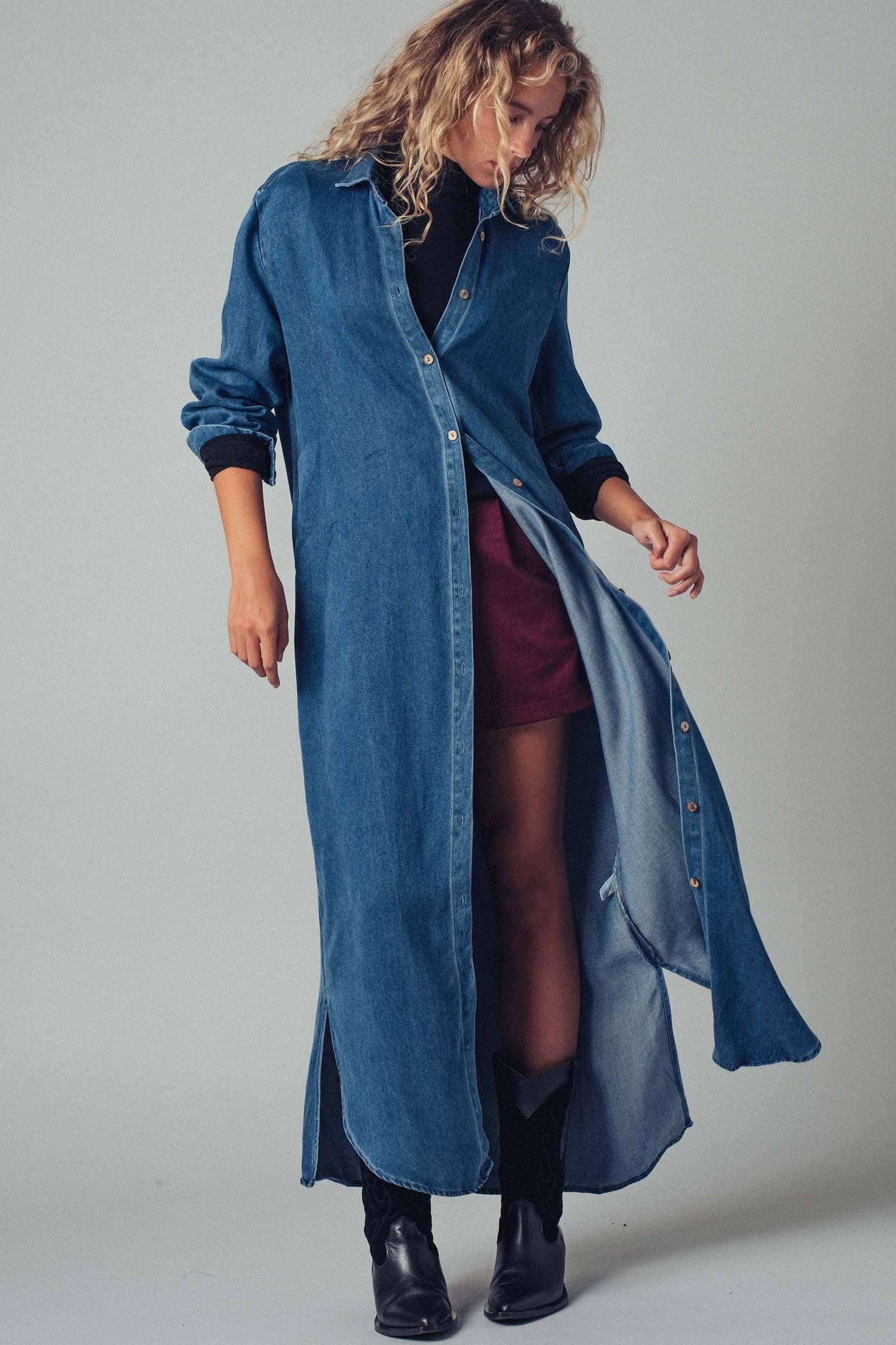 Relaxed Button-Down Western Denim Midi Dress