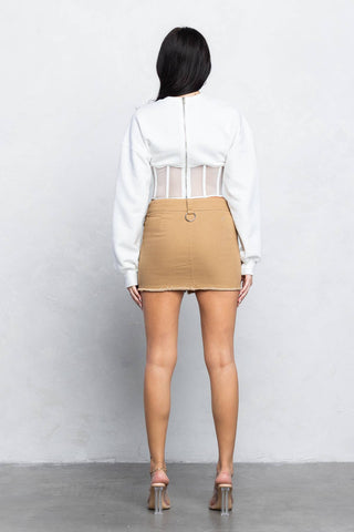 Mesh bustier boning detail fleece sweatshirt