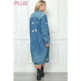 Plus Size Distressed Long Denim Jacket