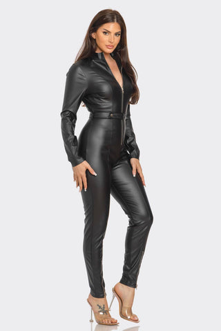 Pu Leather Front Zipper Belt Catsuit Jumpsuit