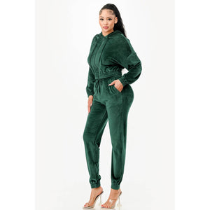 VELOUR HOODIE SET: HUNTER GREEN / L