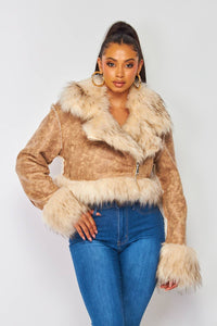 Charlie Notched Collar Faux Fur Mustang Jacket (HDJ30908): Taupe / M